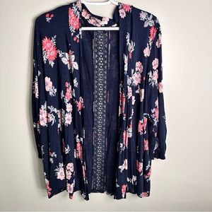 Maurices navy blue floral cardigan/kimono, size 1